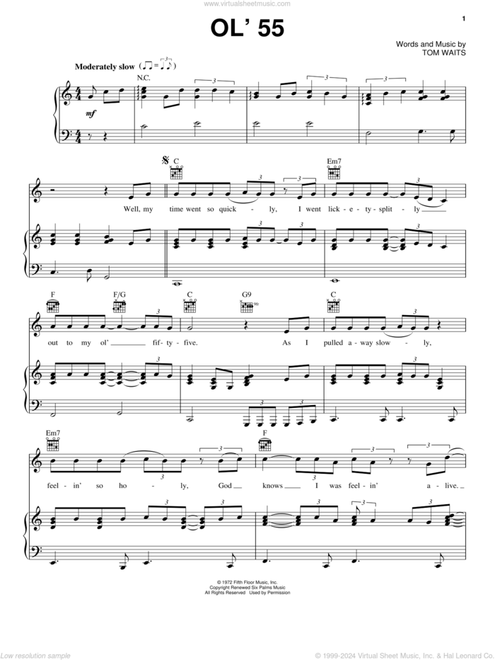 Ol' 55 sheet music for voice, piano or guitar by Tom Waits, intermediate skill level