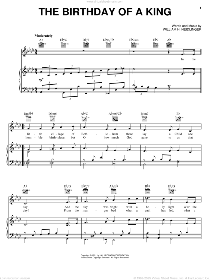 The Birthday of a King (Neidlinger) sheet music for voice, piano or guitar by William Harold Neidlinger, intermediate skill level