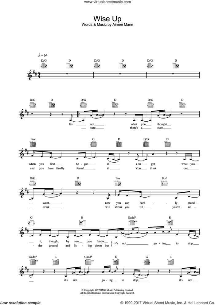 Wise Up (from Magnolia) sheet music for voice and other instruments (fake book) by Aimee Mann, intermediate skill level