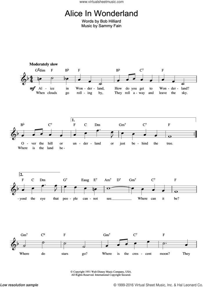 Alice In Wonderland sheet music for voice and other instruments (fake book) by Sammy Fain and Bob Hilliard, intermediate skill level