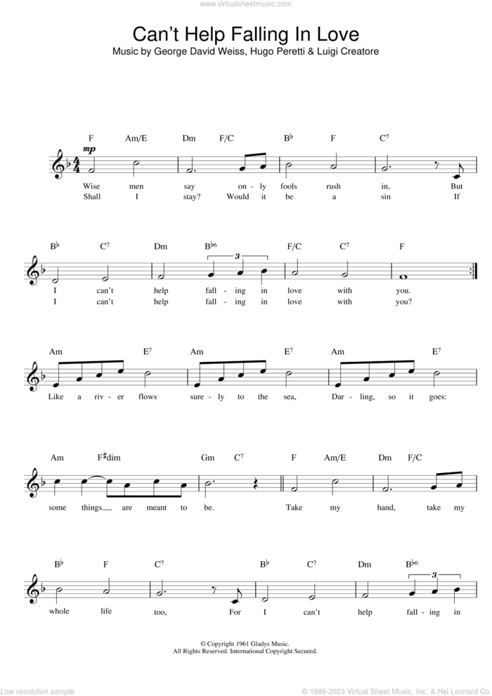 Can't Help Falling In Love sheet music for voice and other instruments (fake book) by UB40, George David Weiss, Hugo Peretti and Luigi Creatore, wedding score, intermediate skill level