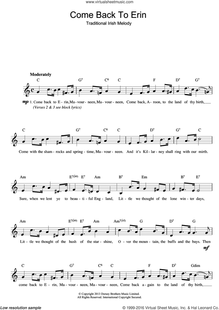 Come Back To Erin sheet music for voice and other instruments (fake book) by The Corrs and Miscellaneous, intermediate skill level