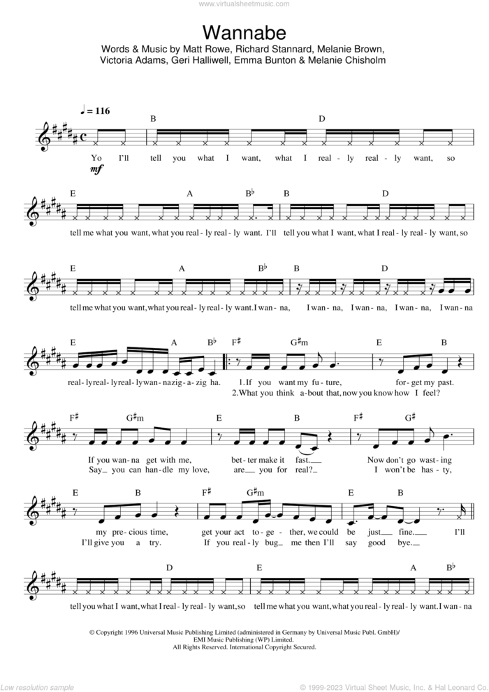 Wannabe sheet music for voice and other instruments (fake book) by Spice Girls, intermediate skill level