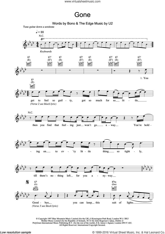 Gone sheet music for voice and other instruments (fake book) by U2, Bono and The Edge, intermediate skill level