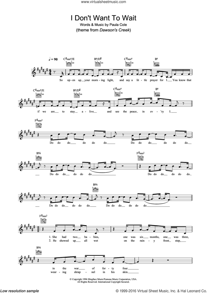 I Don't Want To Wait (theme from Dawson's Creek) sheet music for voice and other instruments (fake book) by Paula Cole, intermediate skill level