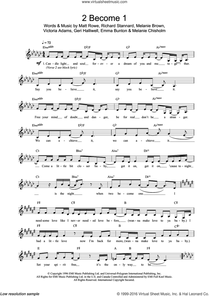 2 Become 1 sheet music for voice and other instruments (fake book) by Spice Girls, intermediate skill level