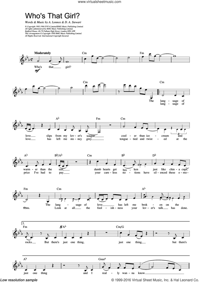 Who's That Girl? sheet music for voice and other instruments (fake book) by Eurythmics, intermediate skill level