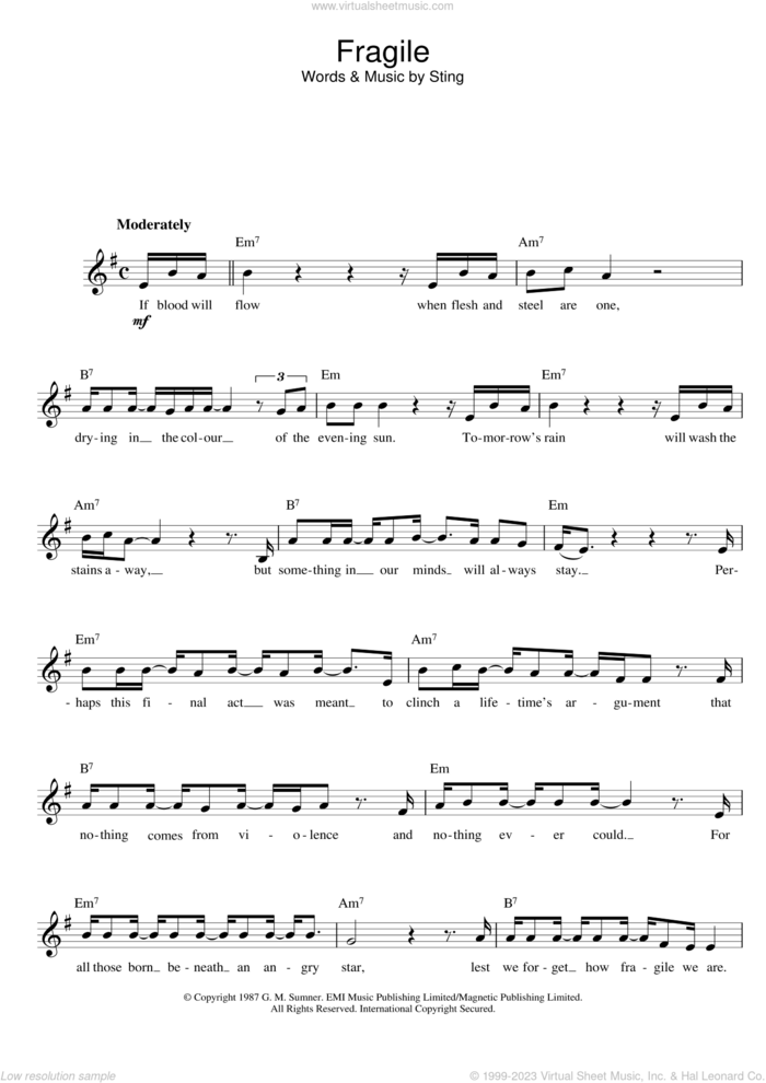 Fragile sheet music for voice and other instruments (fake book) by Sting, intermediate skill level