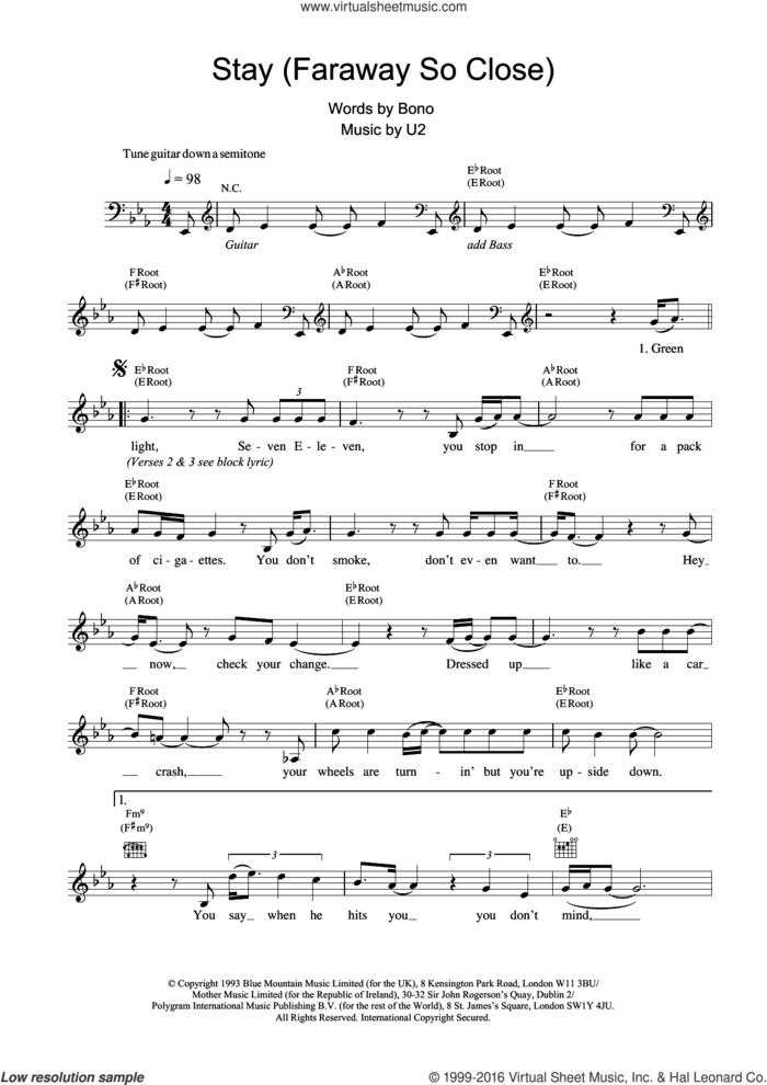 Stay (Faraway, So Close!) sheet music for voice and other instruments (fake book) by U2, intermediate skill level