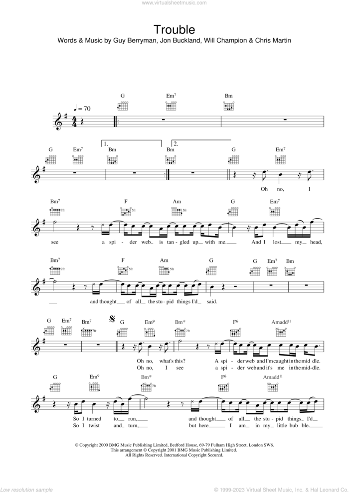 Trouble sheet music for voice and other instruments (fake book) by Coldplay, Chris Martin, Guy Berryman, Jonny Buckland and Will Champion, intermediate skill level