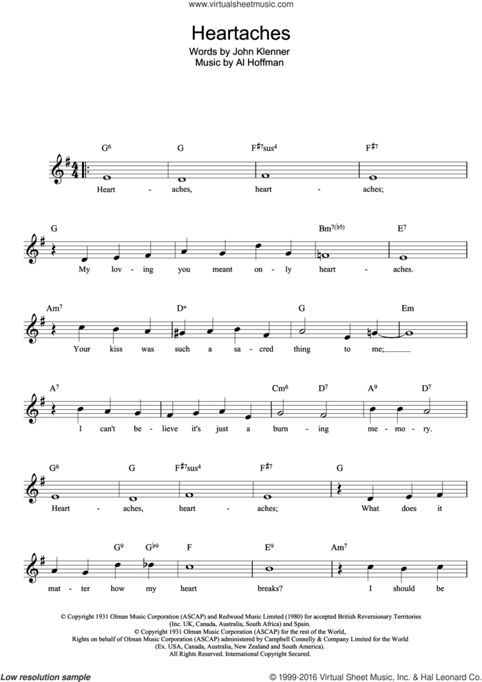 Heartaches sheet music for voice and other instruments (fake book) by Klenner And Hoffman, intermediate skill level