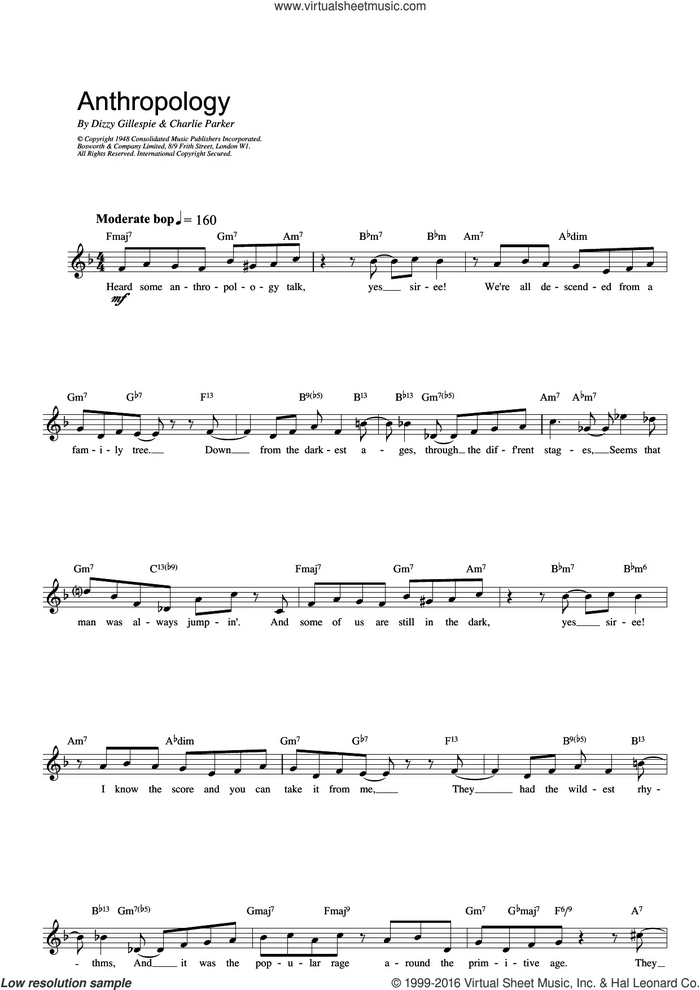 Anthropology sheet music for voice and other instruments (fake book) by Charlie Parker and Dizzy Gillespie, intermediate skill level