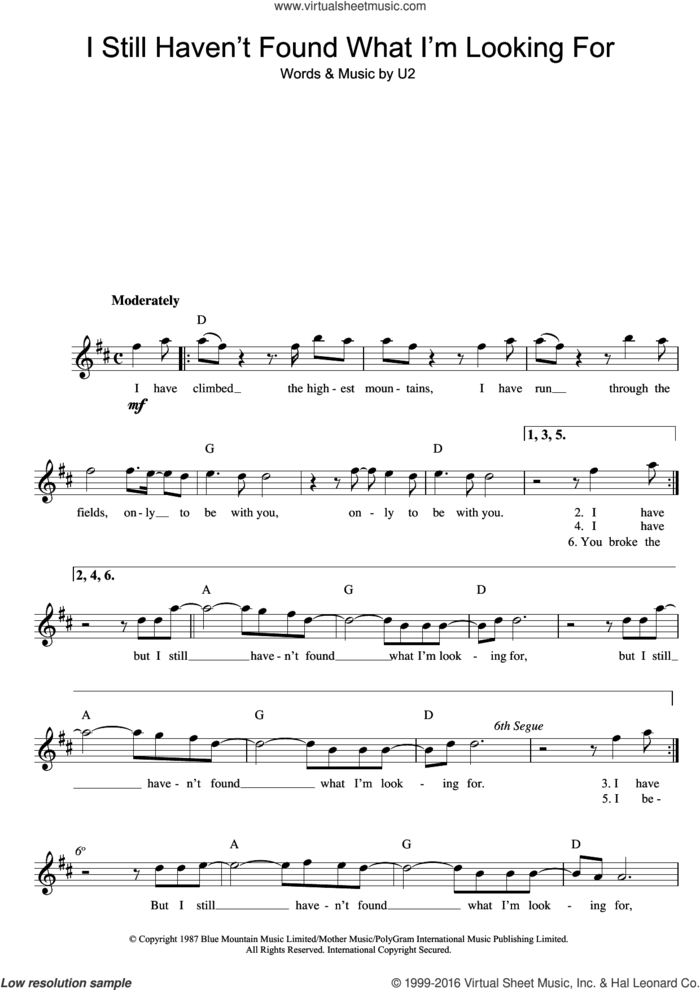 I Still Haven't Found What I'm Looking For sheet music for voice and other instruments (fake book) by U2 and The Edge, intermediate skill level