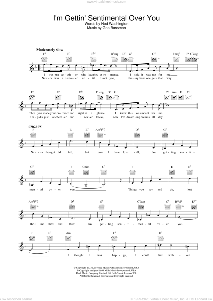 I'm Gettin' Sentimental Over You sheet music for voice and other instruments (fake book) by Frank Sinatra and Geo Bassman, intermediate skill level