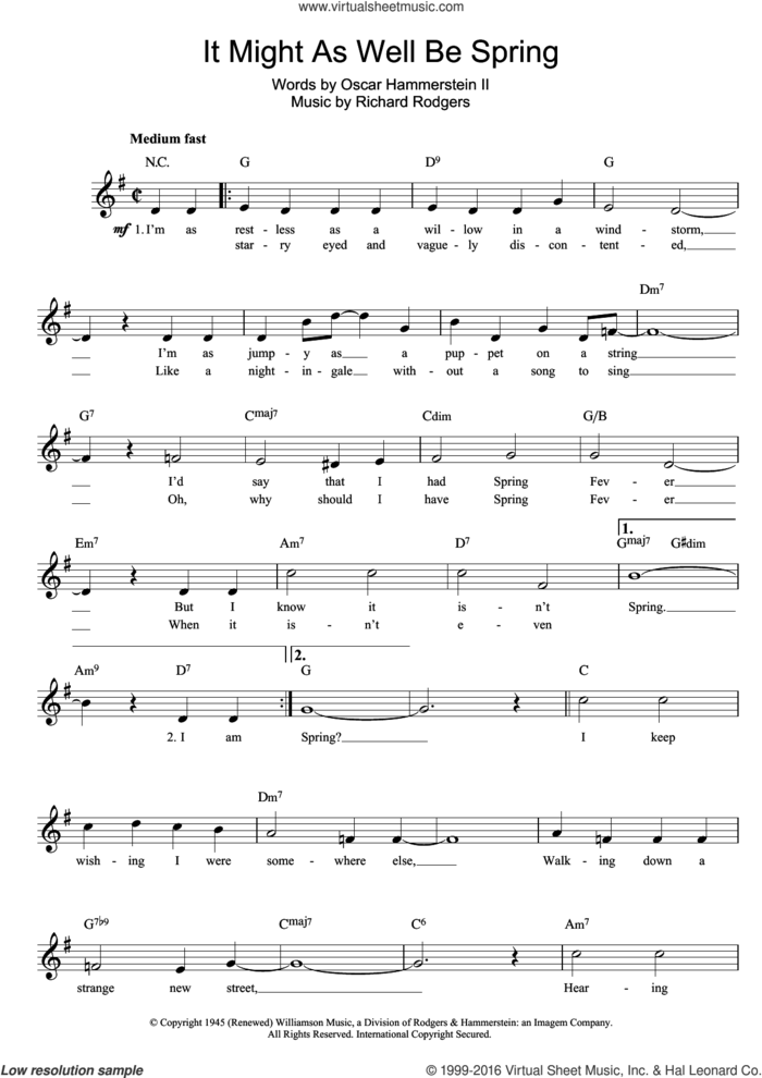 It Might As Well Be Spring (from State Fair) sheet music for voice and other instruments (fake book) by Richard Rodgers, Rodgers & Hammerstein and Oscar II Hammerstein, intermediate skill level