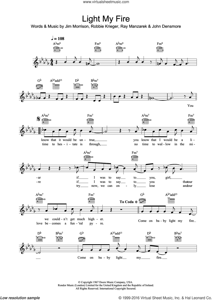 Light My Fire sheet music for voice and other instruments (fake book) by Will Young and The Doors, intermediate skill level