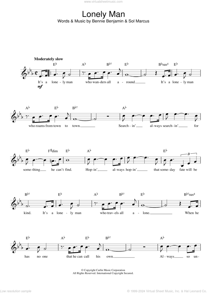 Lonely Man sheet music for voice and other instruments (fake book) by Bennie Benjamin and Sol Marcus, intermediate skill level