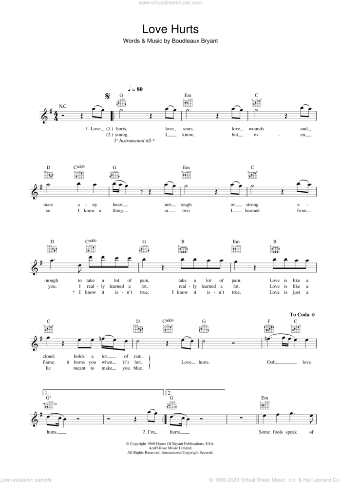 Love Hurts sheet music for voice and other instruments (fake book) by Nazareth and Boudleaux Bryant, intermediate skill level