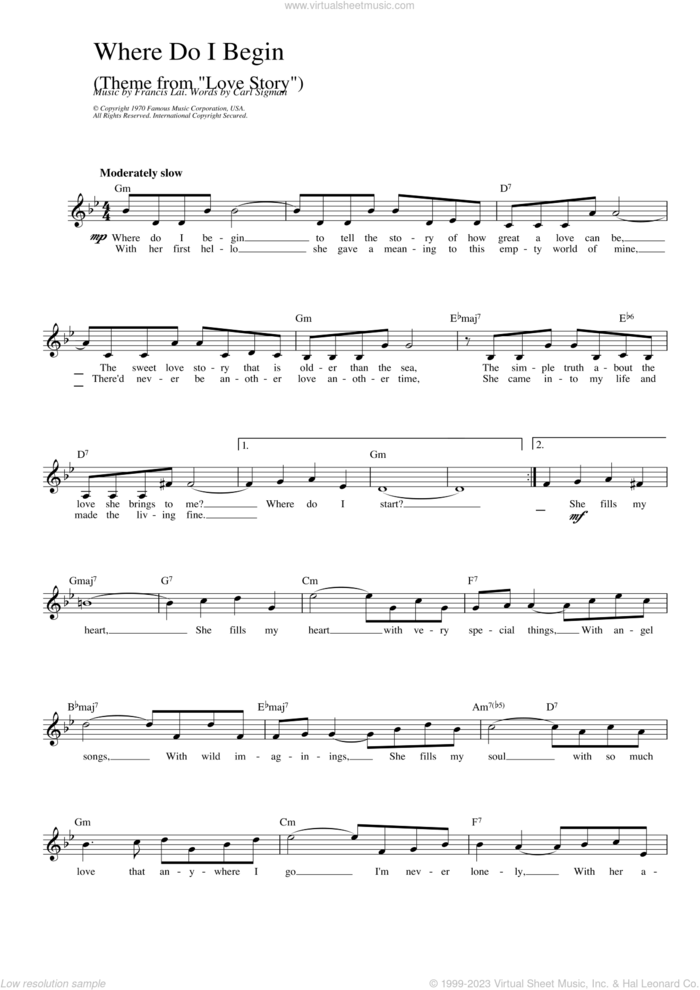 Where Do I Begin (theme from Love Story) sheet music for voice and other instruments (fake book) by Francis Lai and Carl Sigman, intermediate skill level