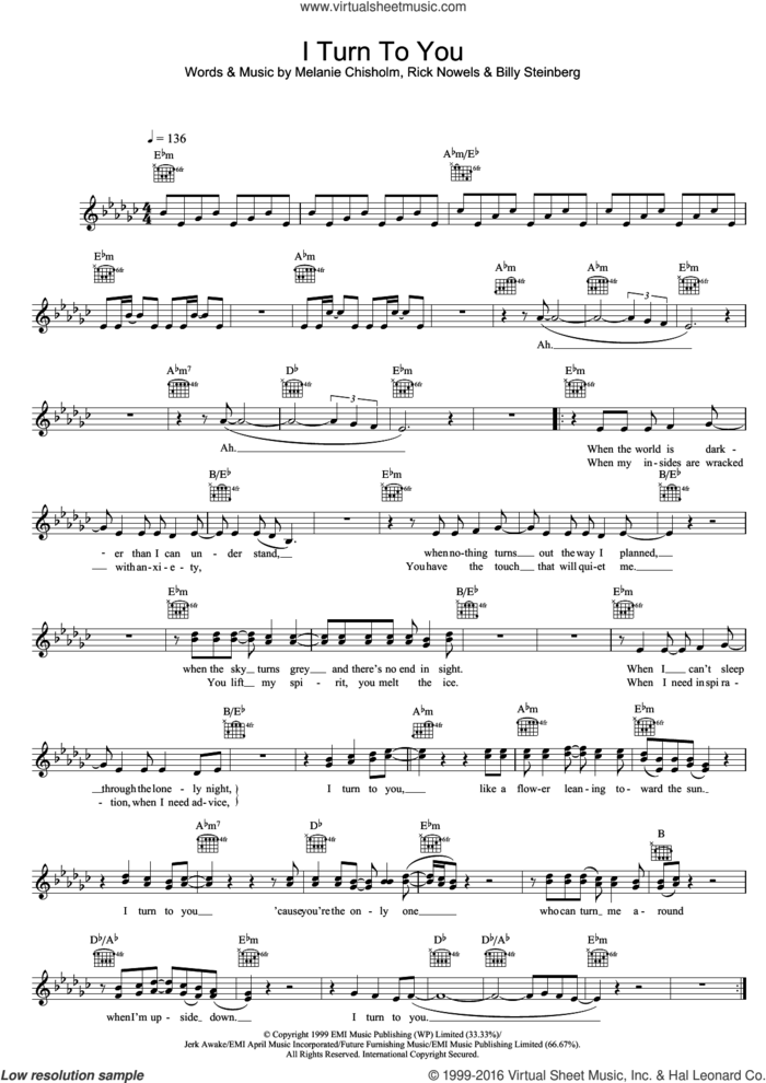 I Turn To You sheet music for voice and other instruments (fake book) by Billy Steinberg, Chisholm Melanie and Rick Nowels, intermediate skill level