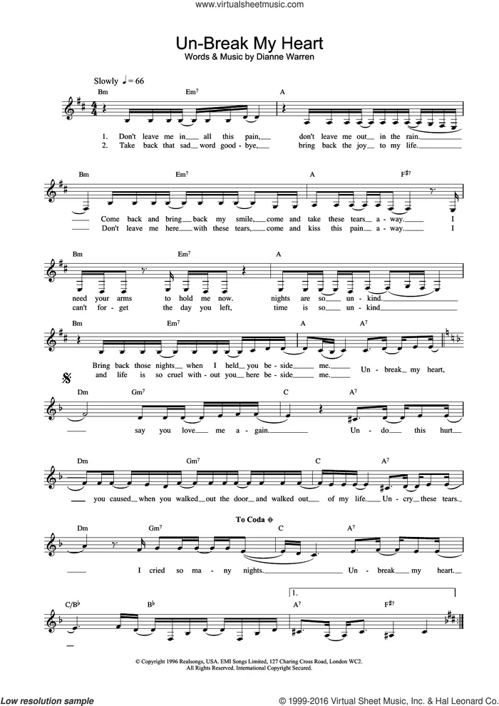 Un-Break My Heart sheet music for voice and other instruments (fake book) by Toni Braxton and Diane Warren, intermediate skill level