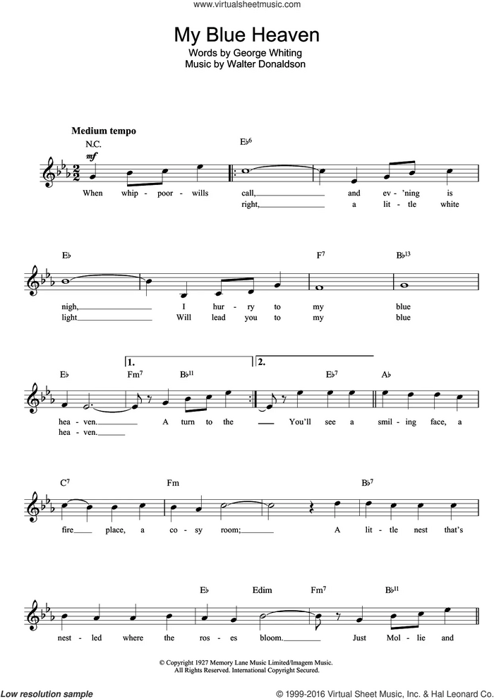My Blue Heaven sheet music for voice and other instruments (fake book) by Walter Donaldson, intermediate skill level