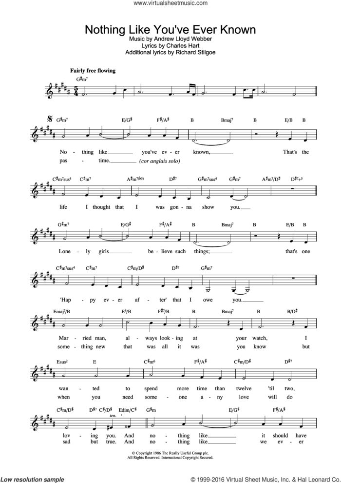 Nothing Like You've Ever Known (from Tell Me On A Sunday) sheet music for voice and other instruments (fake book) by Andrew Lloyd Webber and Sarah Brightman, intermediate skill level