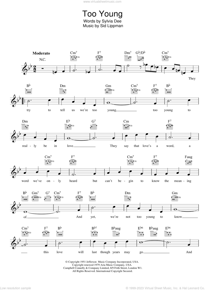 Too Young sheet music for voice and other instruments (fake book) by Sylvia Dee, Nat King Cole and Sidney Lippman, intermediate skill level