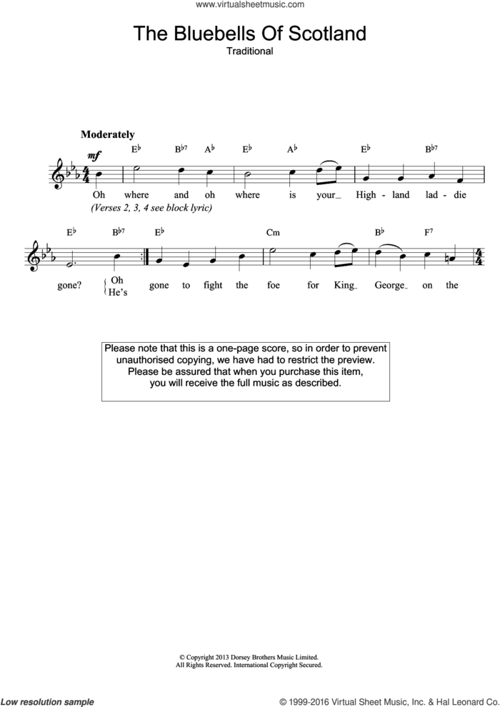 The Bluebells Of Scotland sheet music for voice and other instruments (fake book), intermediate skill level