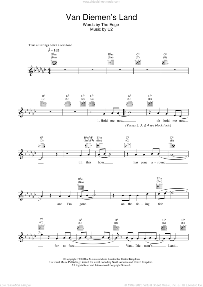 Van Diemen's Land sheet music for voice and other instruments (fake book) by U2 and The Edge, intermediate skill level