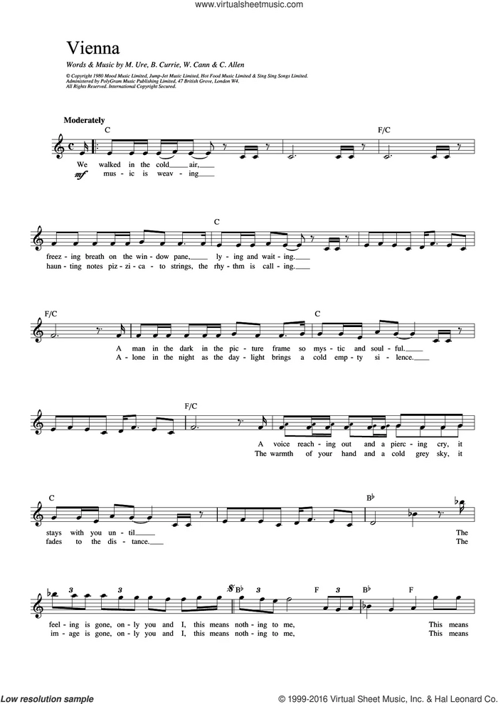 Vienna sheet music for voice and other instruments (fake book) by Ultravox and Midge Ure, intermediate skill level