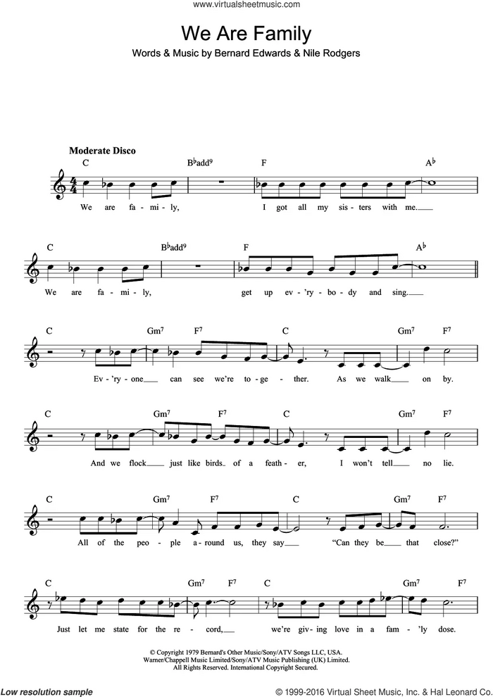 We Are Family sheet music for voice and other instruments (fake book) by Sister Sledge, Bernard Edwards and Nile Rodgers, intermediate skill level