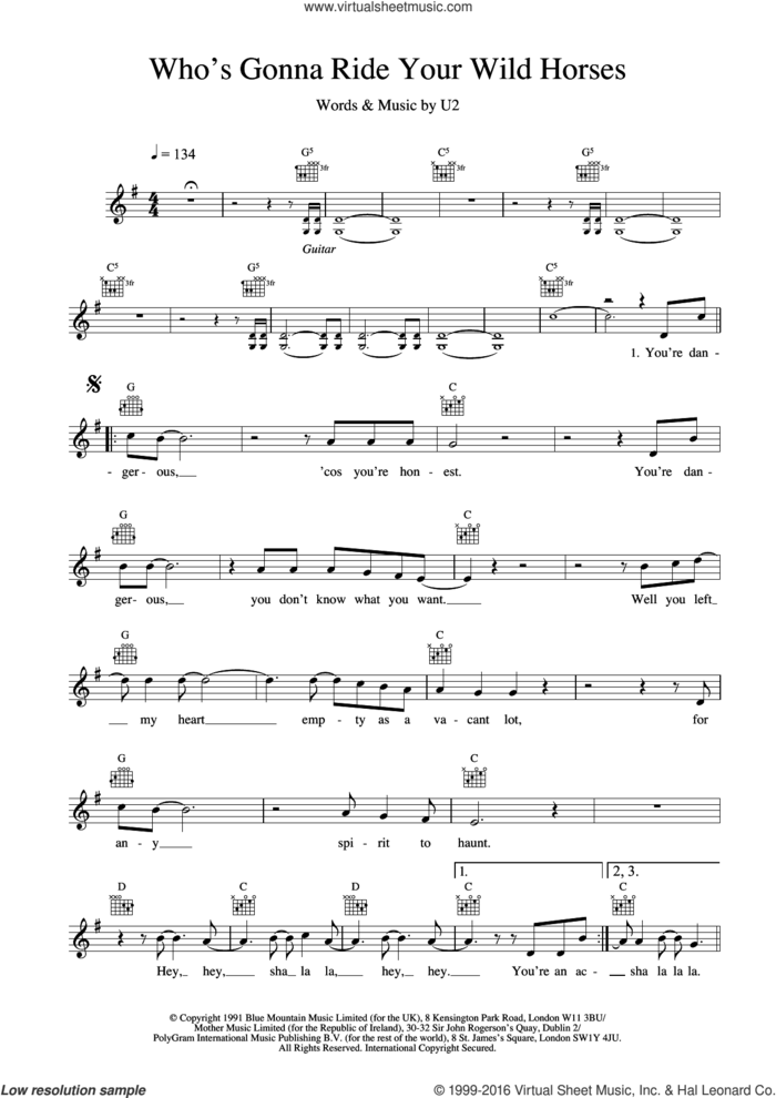 Who's Gonna Ride Your Wild Horses sheet music for voice and other instruments (fake book) by U2, intermediate skill level