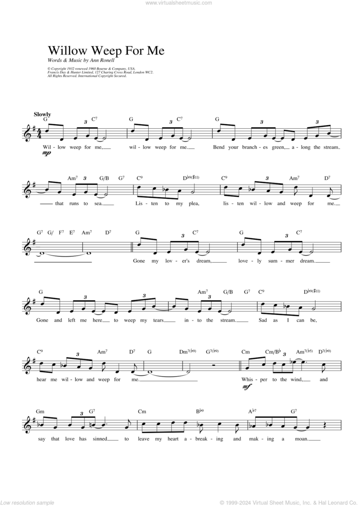 Willow Weep For Me sheet music for voice and other instruments (fake book) by Ann Ronell, intermediate skill level