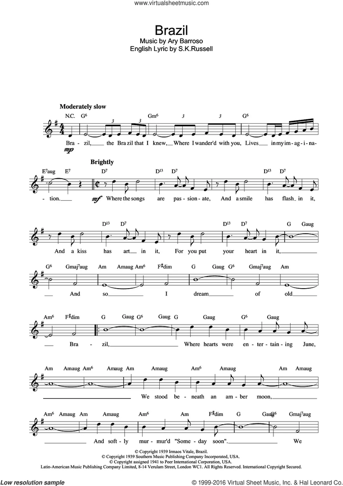 Brazil sheet music for voice and other instruments (fake book) by Ary Barroso and Sidney Russell, intermediate skill level