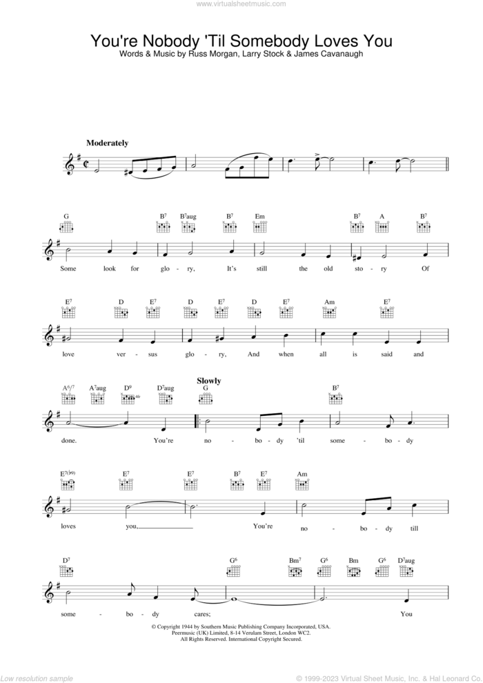 You're Nobody Till Somebody Loves You sheet music for voice and other instruments (fake book) by Nat King Cole and Russ Morgan, intermediate skill level