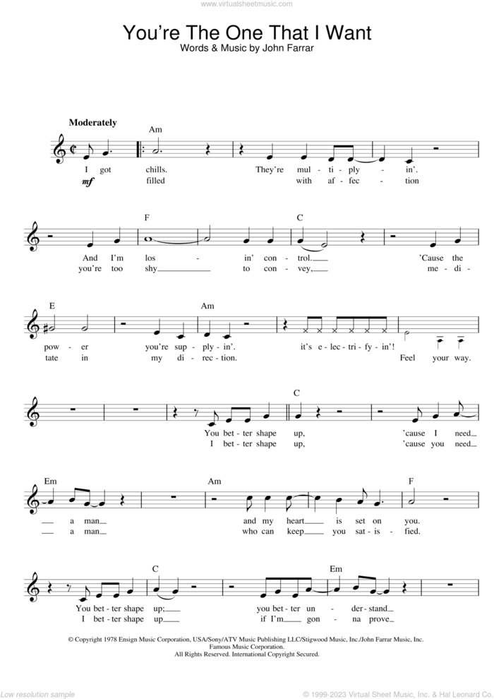 You're The One That I Want (from Grease) sheet music for voice and other instruments (fake book) by John Farrar, John Travolta and Olivia Newton-John, intermediate skill level