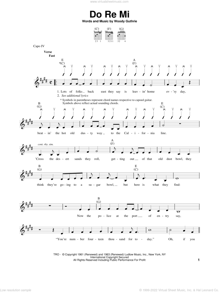 Do Re Mi sheet music for guitar solo (chords) by Woody Guthrie, easy guitar (chords)