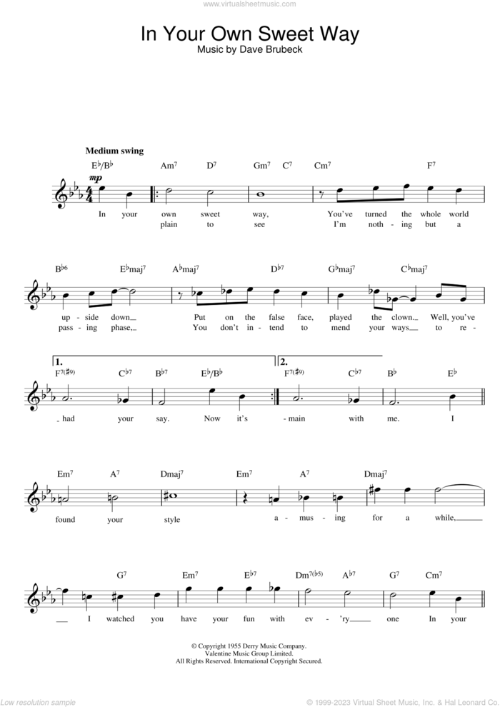 In Your Own Sweet Way sheet music for voice and other instruments (fake book) by Dave Brubeck, intermediate skill level