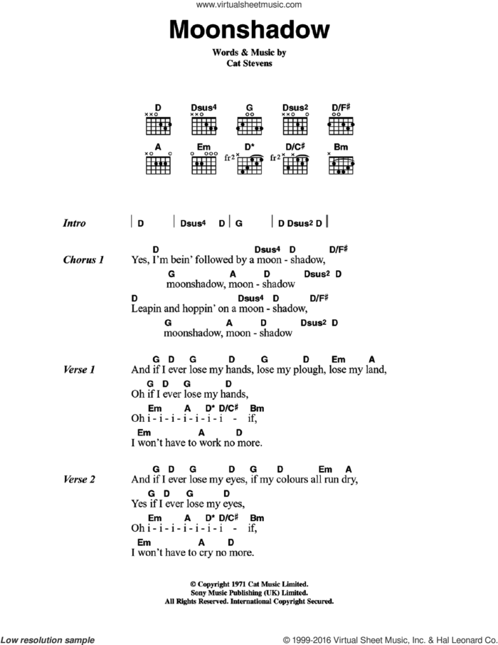 Moonshadow sheet music for guitar (chords) by Cat Stevens, intermediate skill level