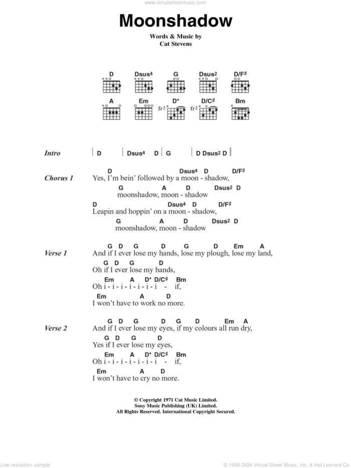 Moonshadow sheet music for guitar (chords) by Cat Stevens, intermediate skill level