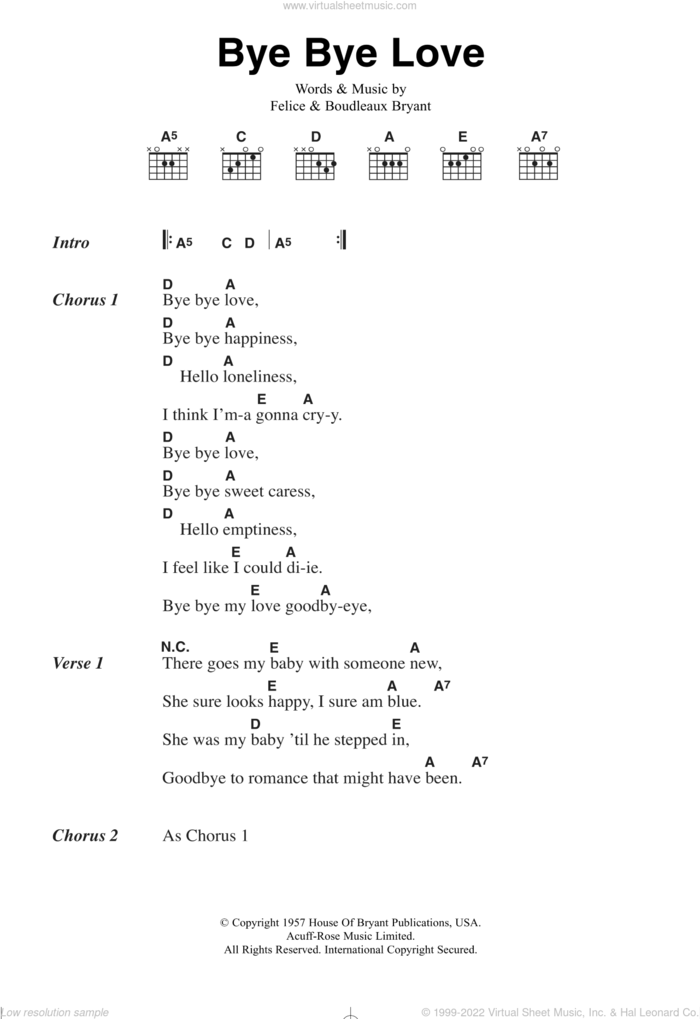 Bye Bye Love sheet music for guitar (chords) by The Everly Brothers, Boudleaux Bryant and Felice Bryant, intermediate skill level