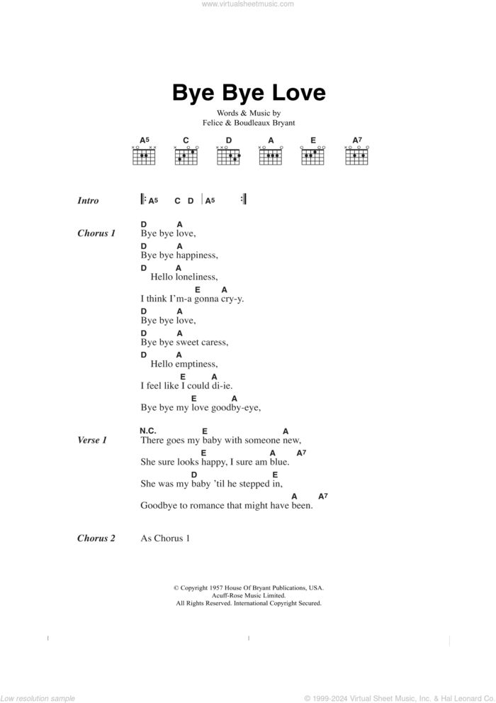 Bye Bye Love sheet music for guitar (chords) by The Everly Brothers, Boudleaux Bryant and Felice Bryant, intermediate skill level