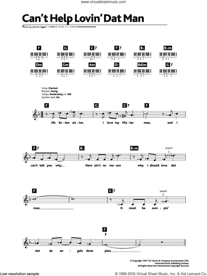 Can't Help Lovin' Dat Man (from Show Boat) sheet music for piano solo (chords, lyrics, melody) by Jerome Kern and Oscar II Hammerstein, intermediate piano (chords, lyrics, melody)
