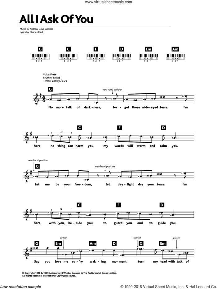 All I Ask Of You (from The Phantom Of The Opera) sheet music for piano solo (chords, lyrics, melody) by Andrew Lloyd Webber, Charles Hart and Richard Stilgoe, wedding score, intermediate piano (chords, lyrics, melody)