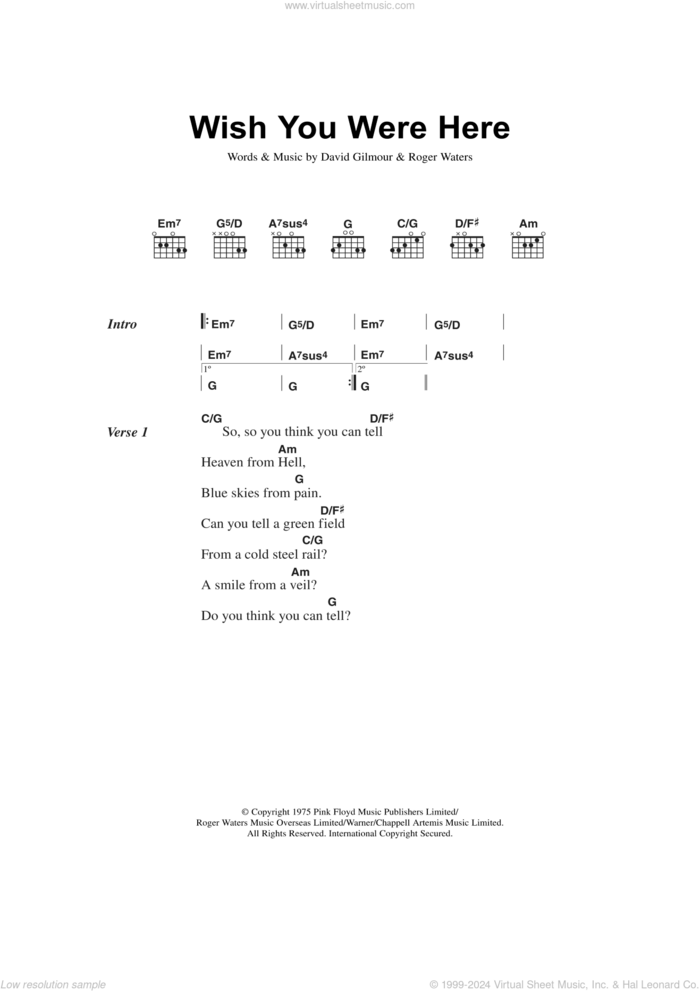 Wish You Were Here sheet music for guitar (chords) by Pink Floyd, David Gilmour and Roger Waters, intermediate skill level