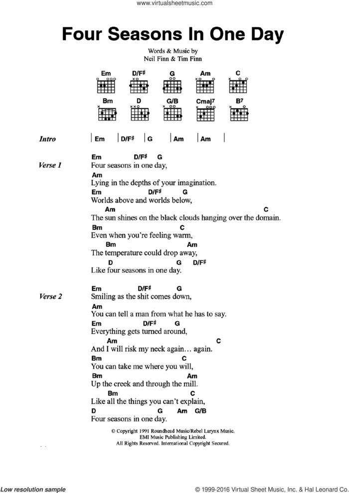 Four Seasons In One Day sheet music for guitar (chords) by Crowded House, Neil Finn and Tim Finn, intermediate skill level