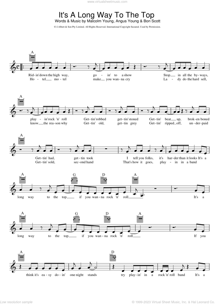 It's A Long Way To The Top (If You Wanna Rock 'n' Roll) sheet music for voice and other instruments (fake book) by AC/DC, Angus Young, Bon Scott and Malcolm Young, intermediate skill level
