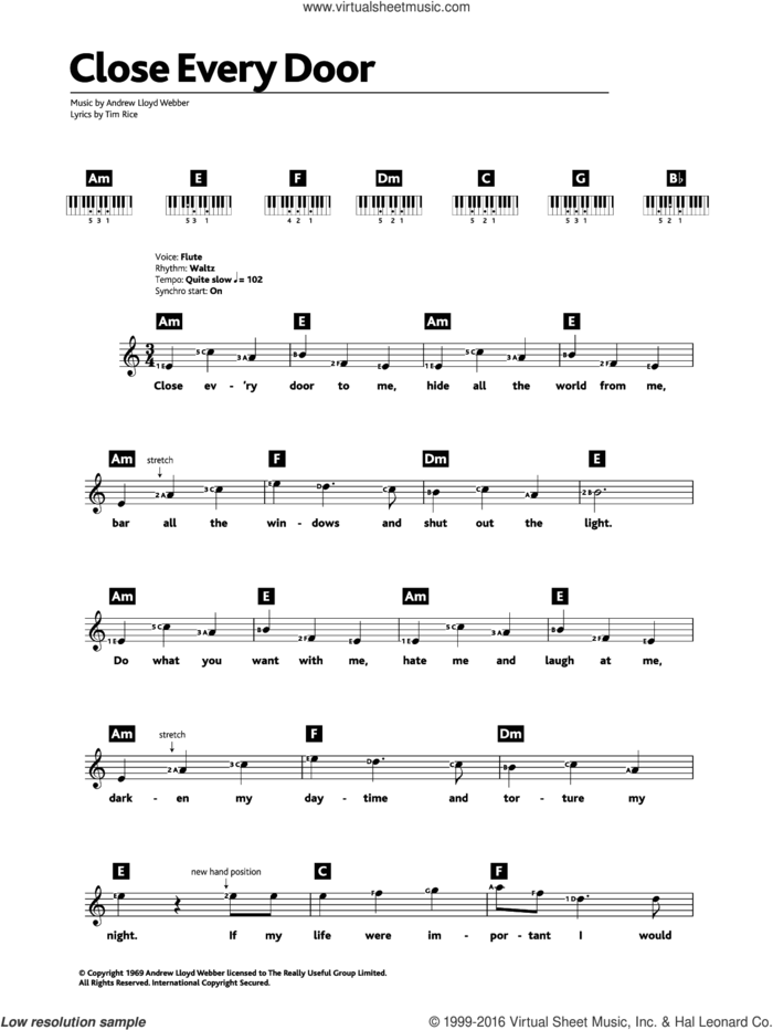 Close Every Door (from Joseph And The Amazing Technicolor Dreamcoat) sheet music for piano solo (chords, lyrics, melody) by Andrew Lloyd Webber and Tim Rice, intermediate piano (chords, lyrics, melody)