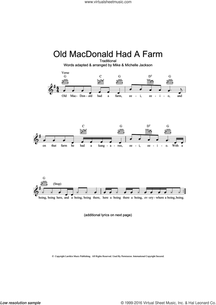 Old MacDonald Had A Farm (Australian version) sheet music for voice and other instruments (fake book), intermediate skill level